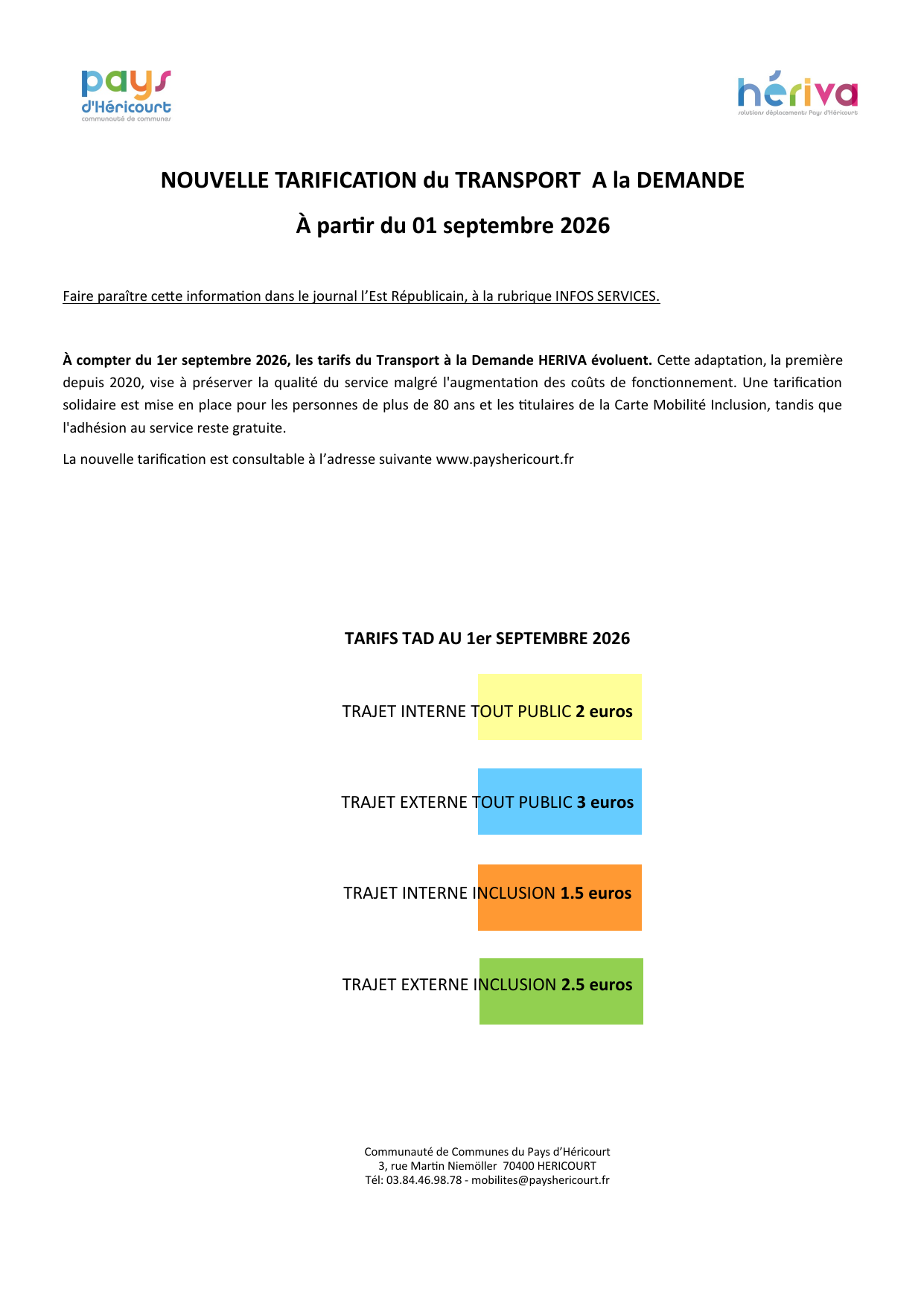 Tarifs TAD Hériva 2026